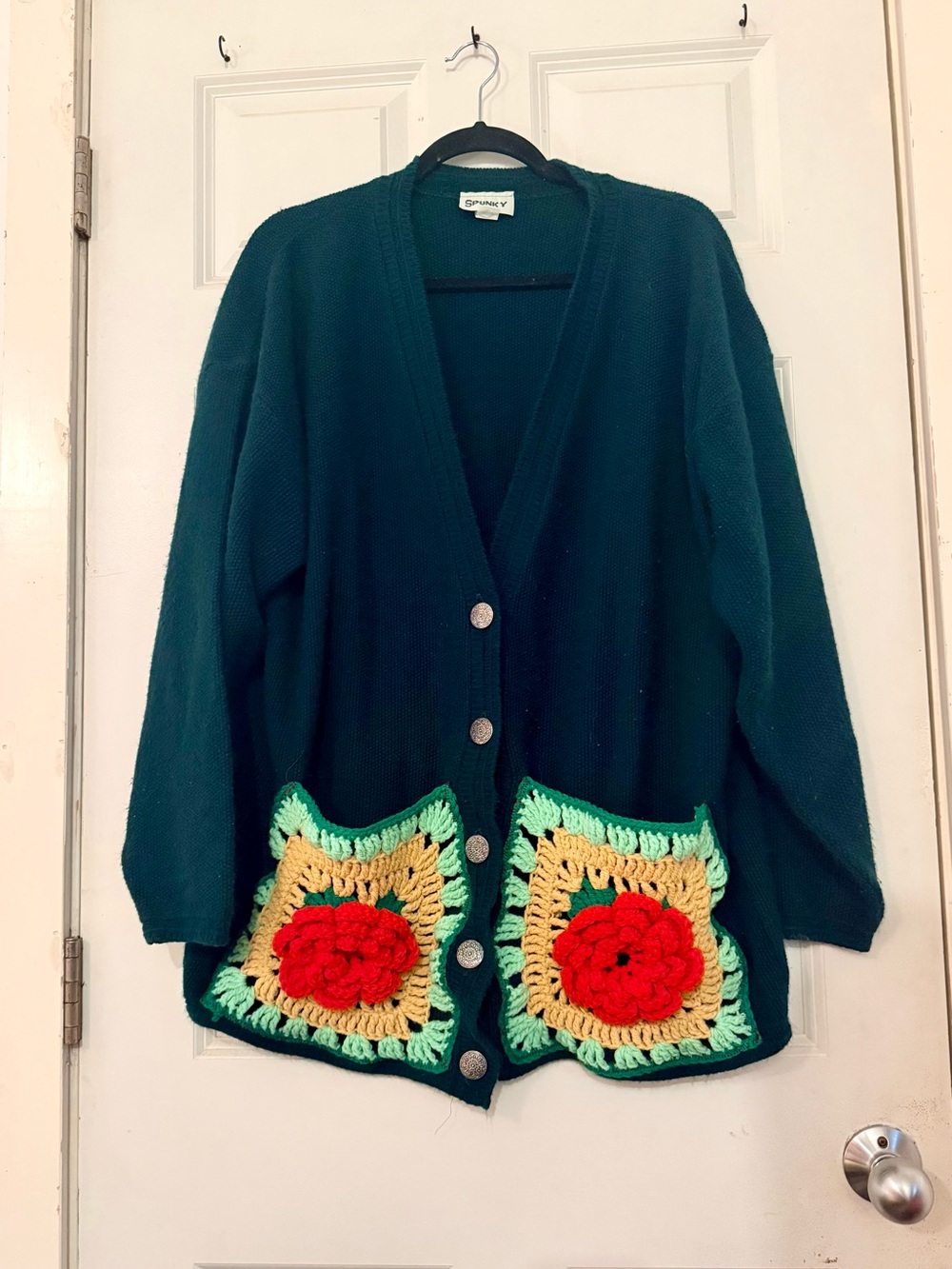 Upcycled Vintage Spunky Brand Oversized Cardigan Sweater Granny Square Pocket
